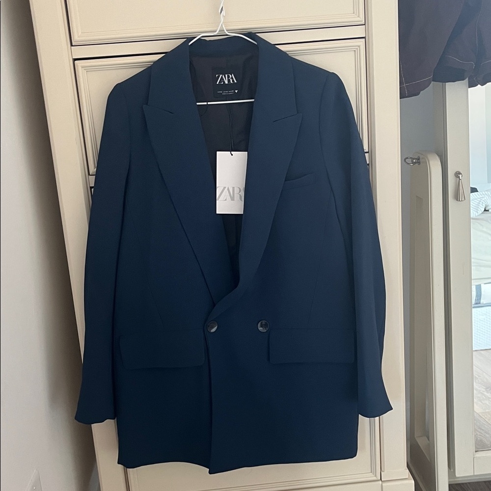Zara FLOWY LONG BLAZER. Indigo Color. Size XS. New with Tags. - Picture 9 of 10